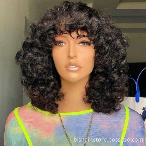 Wholesale Rose Curly Human Hair Wig With Bangs Full Machine Made Deep Wave Short Bob For Women Water Virgin Brazilian Pixie Cut
